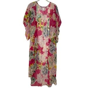 Band of Gypsies Pink Floral Kimono Sara Creation Fuchsia Ivory XS Hippie Boho